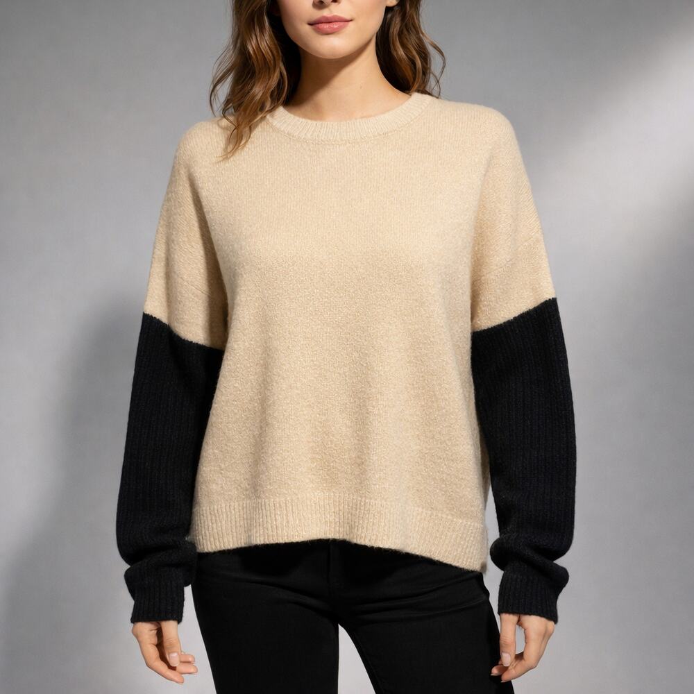 Lulus Colorblock Knit Sweater S Camel Black Minimalist Quiet Luxury Clean Girl